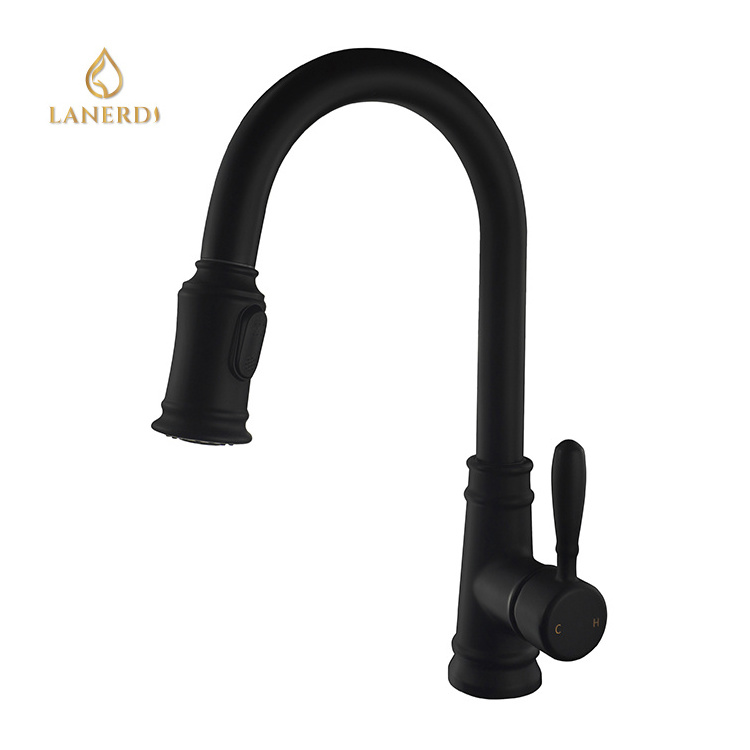 Lanerdi Classic Farmhosue Single Handle Brass Pull down Kitchen Faucet with Pull out Sprayer Gold Kitchen Sink Faucets