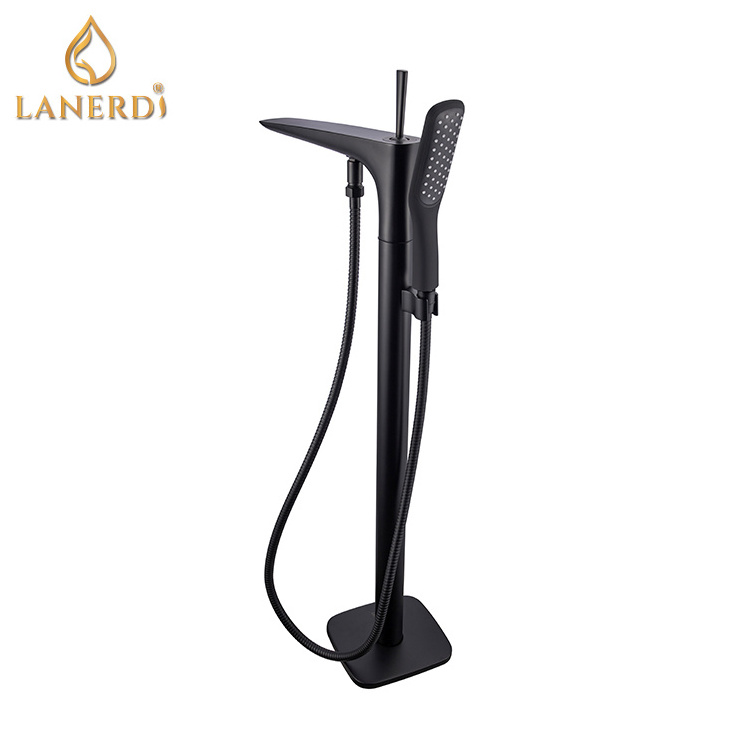 Roman Floor Standing Tub Fixtures Matte Black bathtub upc ceramic cartridge Shower faucet mixer Kit With Sprayer