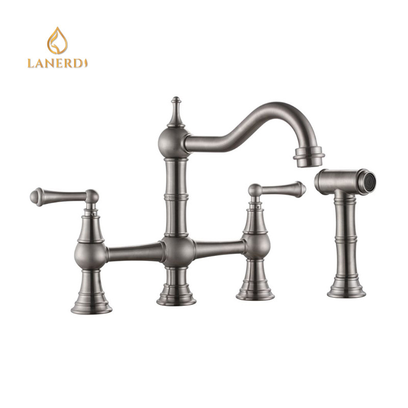 Lanerdi utility 4 hole antique classic double handle bridge vintage brass kitchen faucet with pull down side sprayer