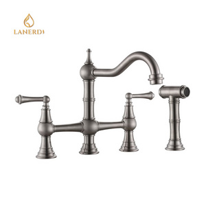 Lanerdi utility 4 hole antique classic double handle bridge vintage brass kitchen faucet with pull down side sprayer