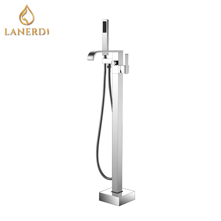 Brass Chrome Waterfall Square Floor Mounted Free Standing Bath Tub Bathtub Mixer Tap Faucet Shower Set With brass body