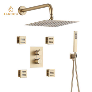 Faucet Wholesale Bathroom Shower Set Shower Mixer Bathroom Faucet Gold Thermostatic Concealed Rainfall Shower Set with Body Jet