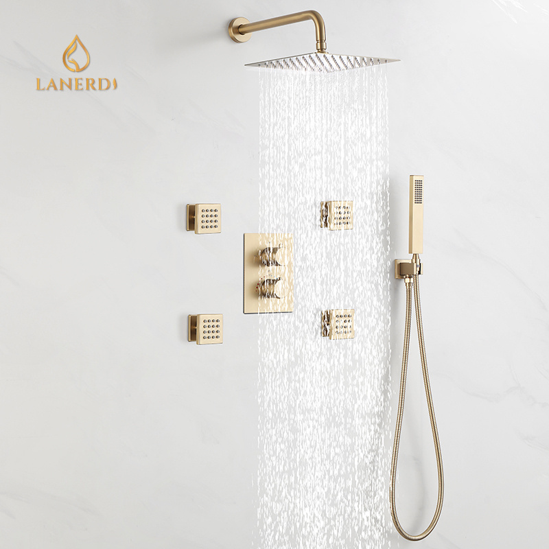 Faucet Wholesale Bathroom Shower Set Shower Mixer Bathroom Faucet Gold Thermostatic Concealed Rainfall Shower Set with Body Jet