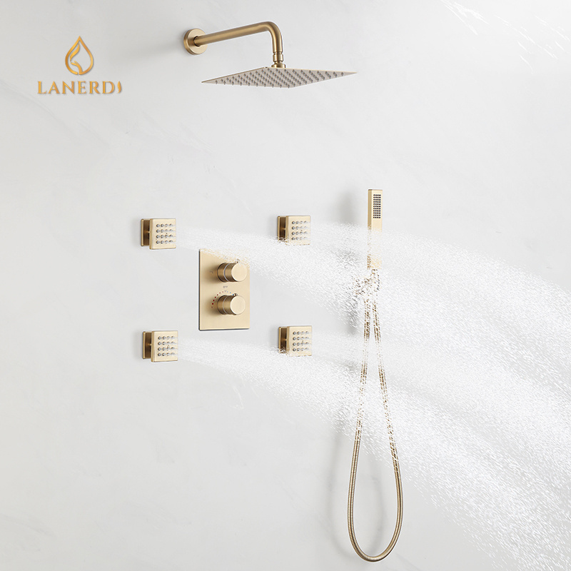 Faucet Wholesale Bathroom Shower Set Shower Mixer Bathroom Faucet Gold Thermostatic Concealed Rainfall Shower Set with Body Jet