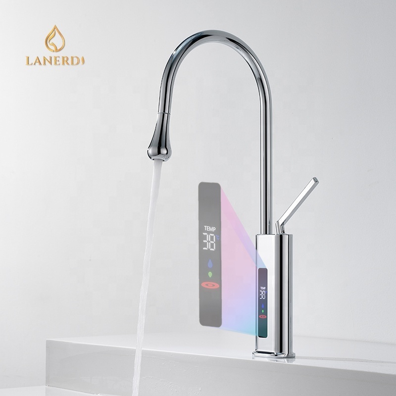 Droplet Spout Smart Temperature LED Display Brass Pull-down Kitchen Faucet with Single Handle Hot and Cold Function Kitchen Tap