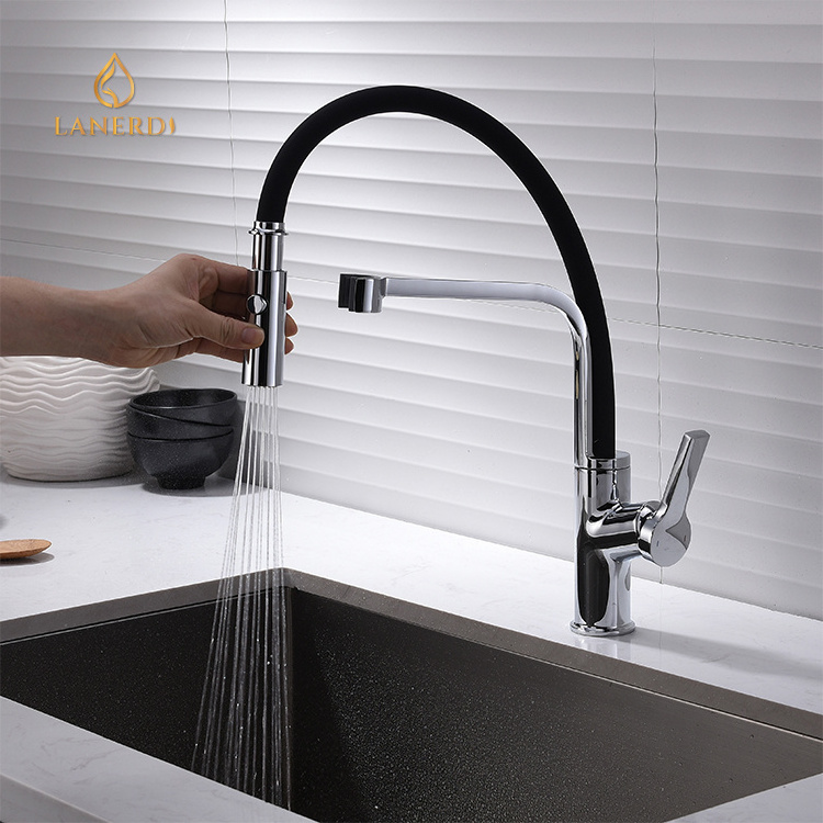 Luxury Modern sanitary ware long neck flexible hose pull Down spray nickel brushed brass kitchen sink faucet