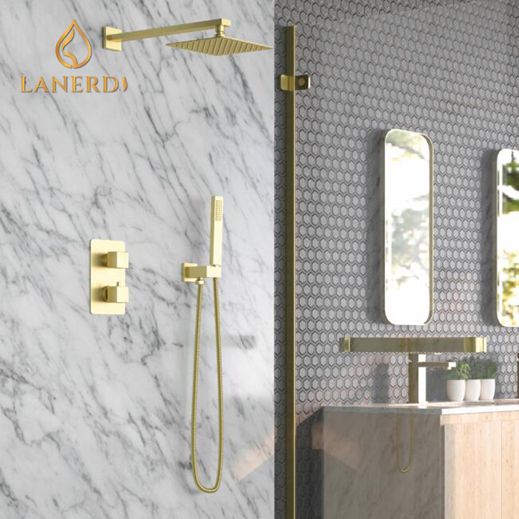 Brushed Gold Wall Mounted Concealed Thermostatic Temperature Water  Shower Faucets Taps Musluk fixtures