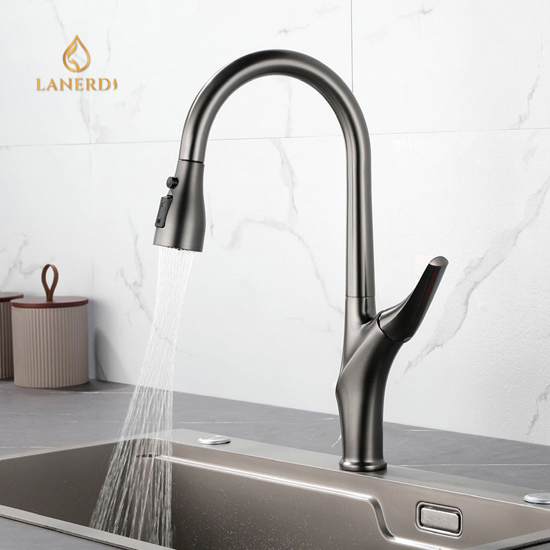 upc cupc Single Handle Swan Hole Matte Black Pull Down Spring Kitchen Sink Faucet  With Faucet Hole Cover Kitchen Sink Faucet