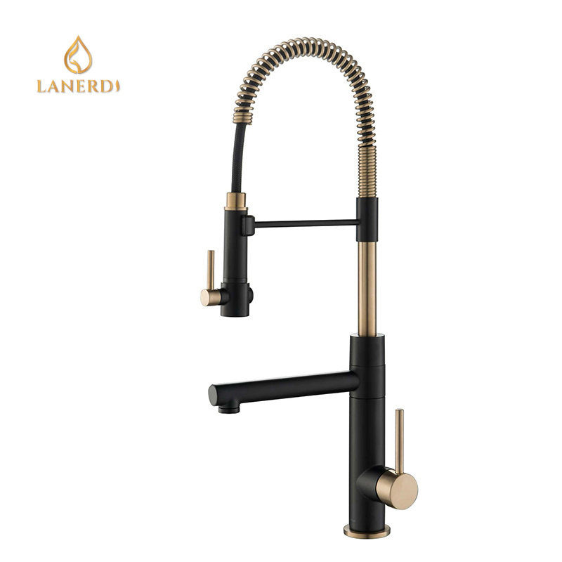 Lanerdi Luxury Design God Brass Pull Down Spring Kitchen Faucet with Pull Down Sprayer Sink Faucet