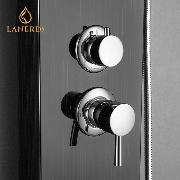 OEM outdoor black stainless steel 3 way thermostatic bathroom wet wall sheet mounted faucet shower tower fountail panel