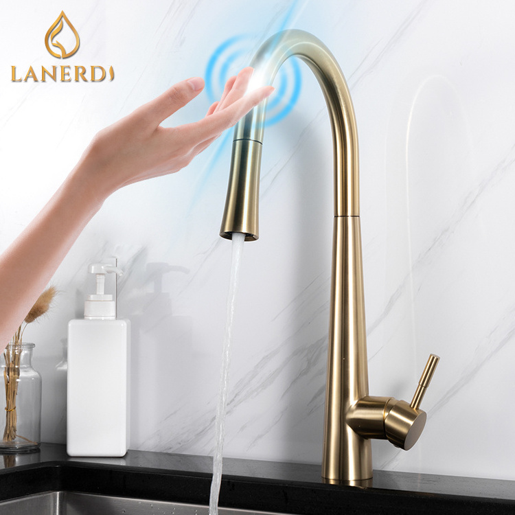 Smart UPC High Arc Flow Motion Sensor Pull Down Touch Activated Gold Kitchen Sink Faucet Tap Taps Mixer high arc griferia