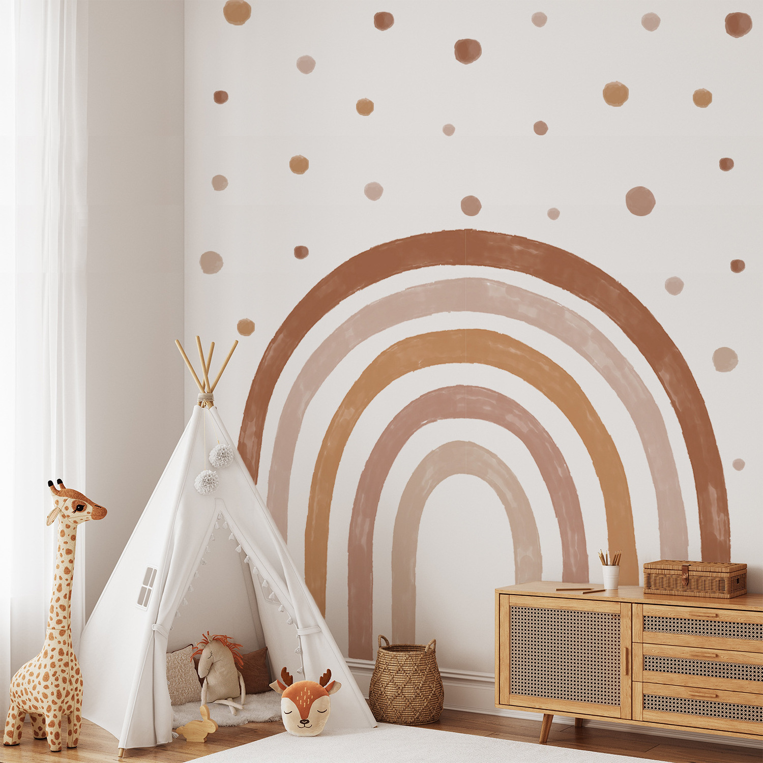 Lovely Boho kid room peel and stick large rainbow wall mural fabric sticker decals set