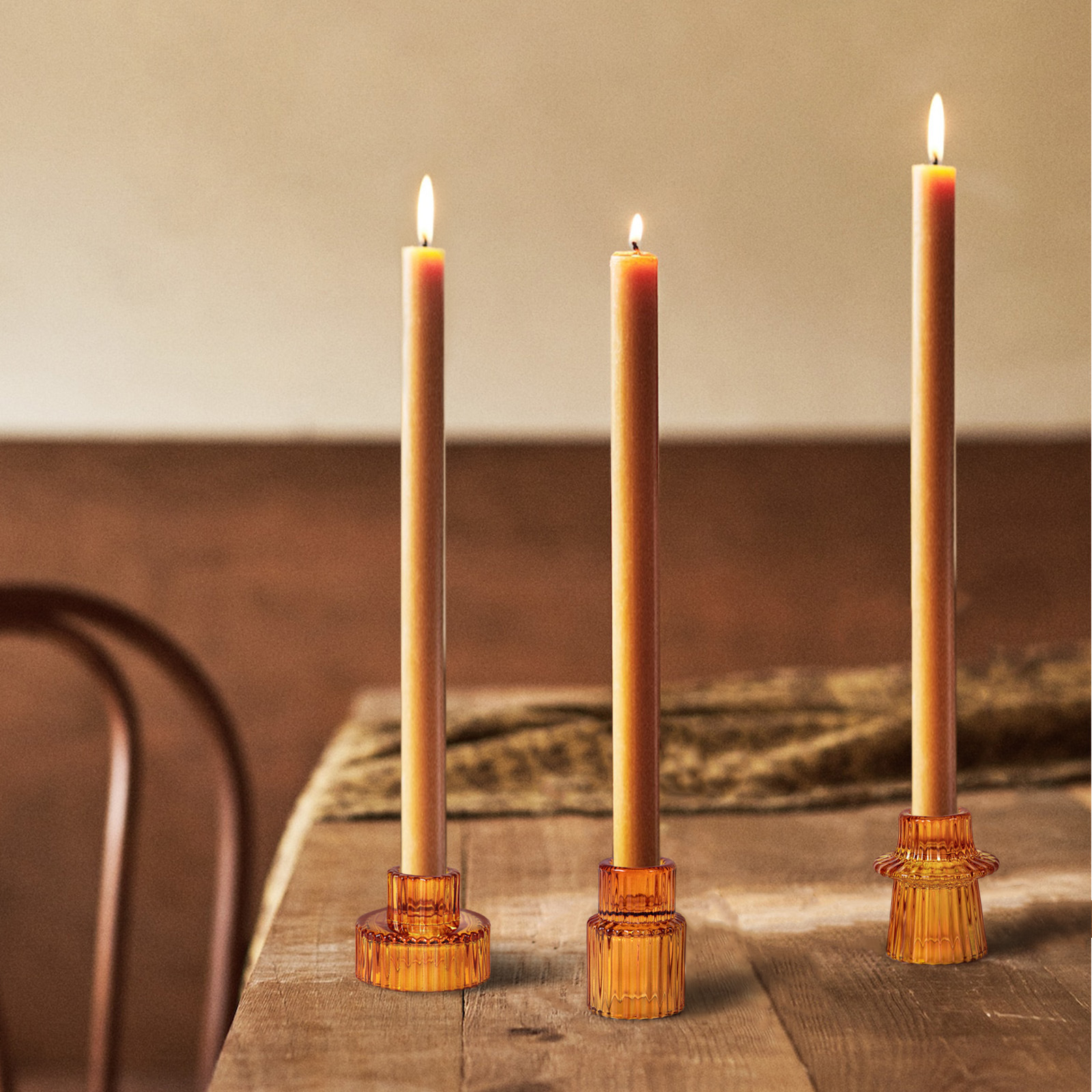 Wedding dinner elegant amber small ribbed glass candle holder