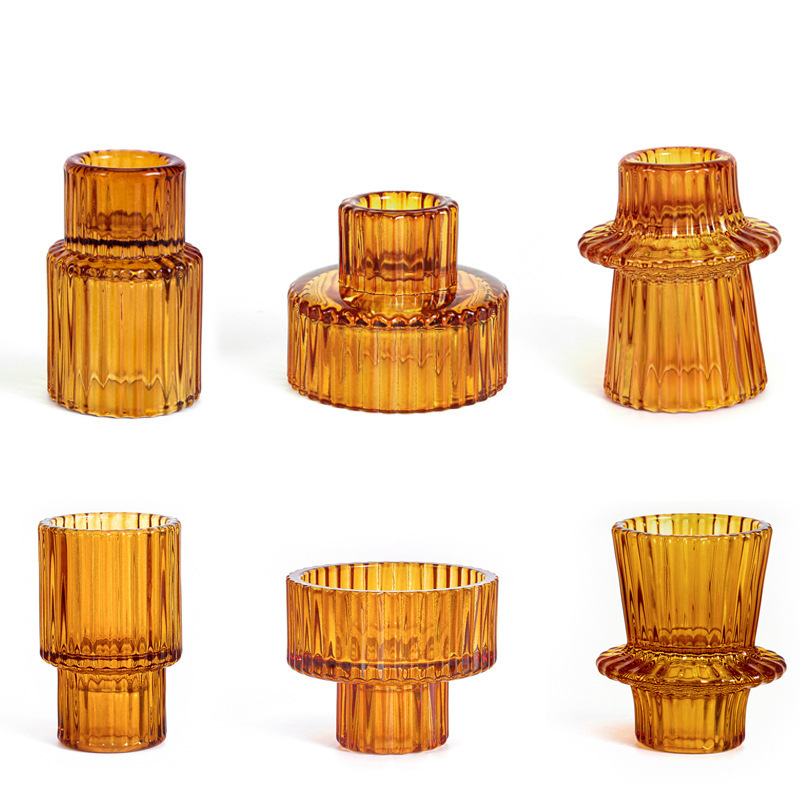 Wedding dinner elegant amber small ribbed glass candle holder