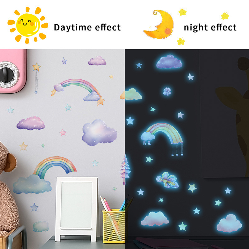 Nordic rainbow cloud luminous decals kids self-adhesive glow in the dark wall sticker for kid children's room