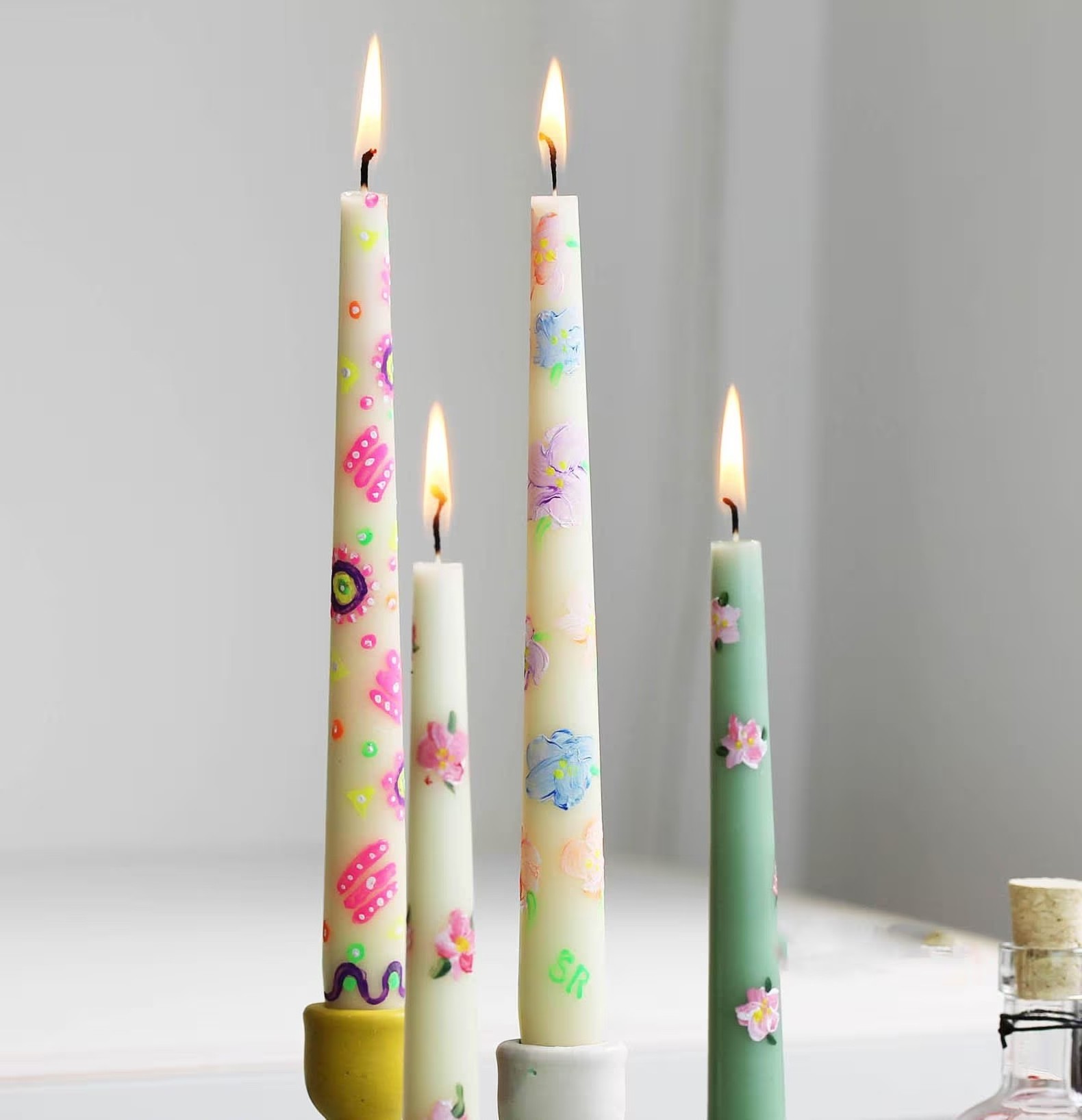 Hand painted dinner candlesticks aesthetic floral tapered candles