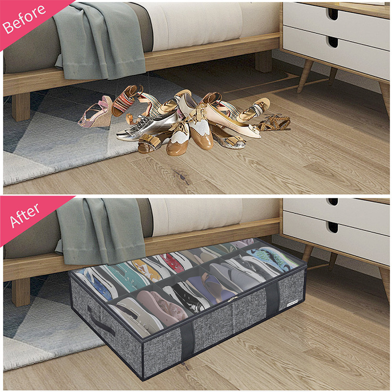 Breathable Collapsible Under Bed Storage Solution Shoe Organizer For Closet with Handles 2 Pack