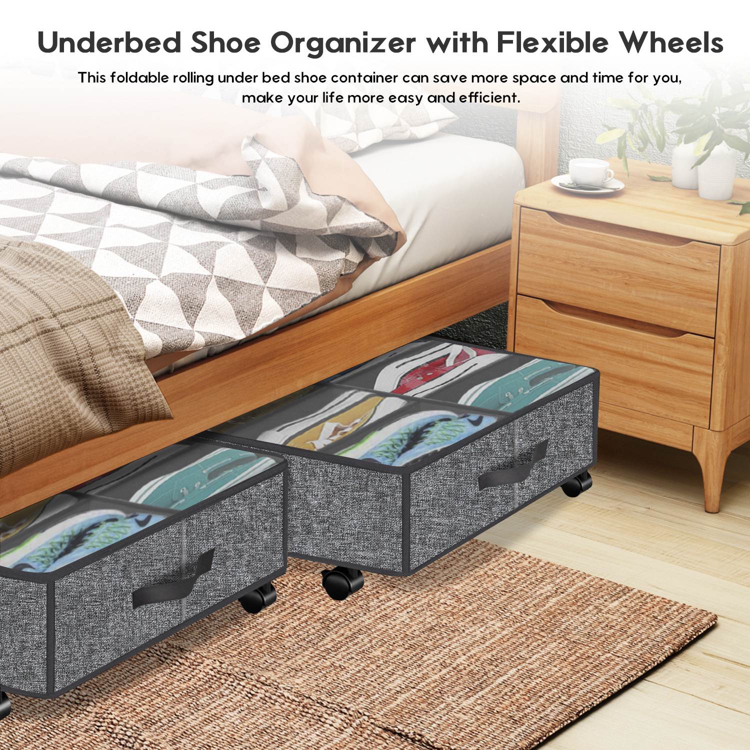 Foldable Under Bed Shoes Storage Drawer Containers with Wheels Shoe Organizer Bins Bags 2 Pack