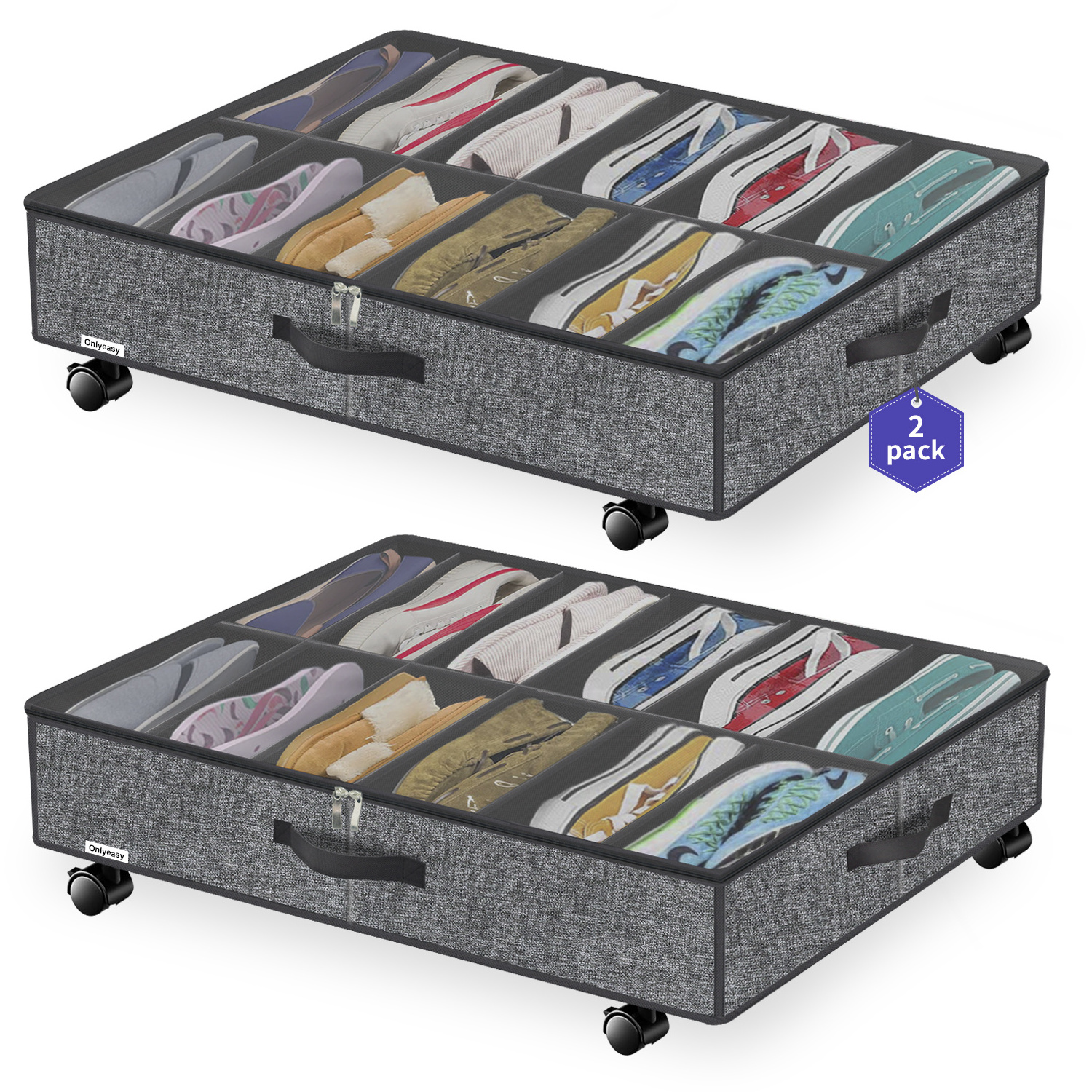 Foldable Under Bed Shoes Storage Drawer Containers with Wheels Shoe Organizer Bins Bags 2 Pack