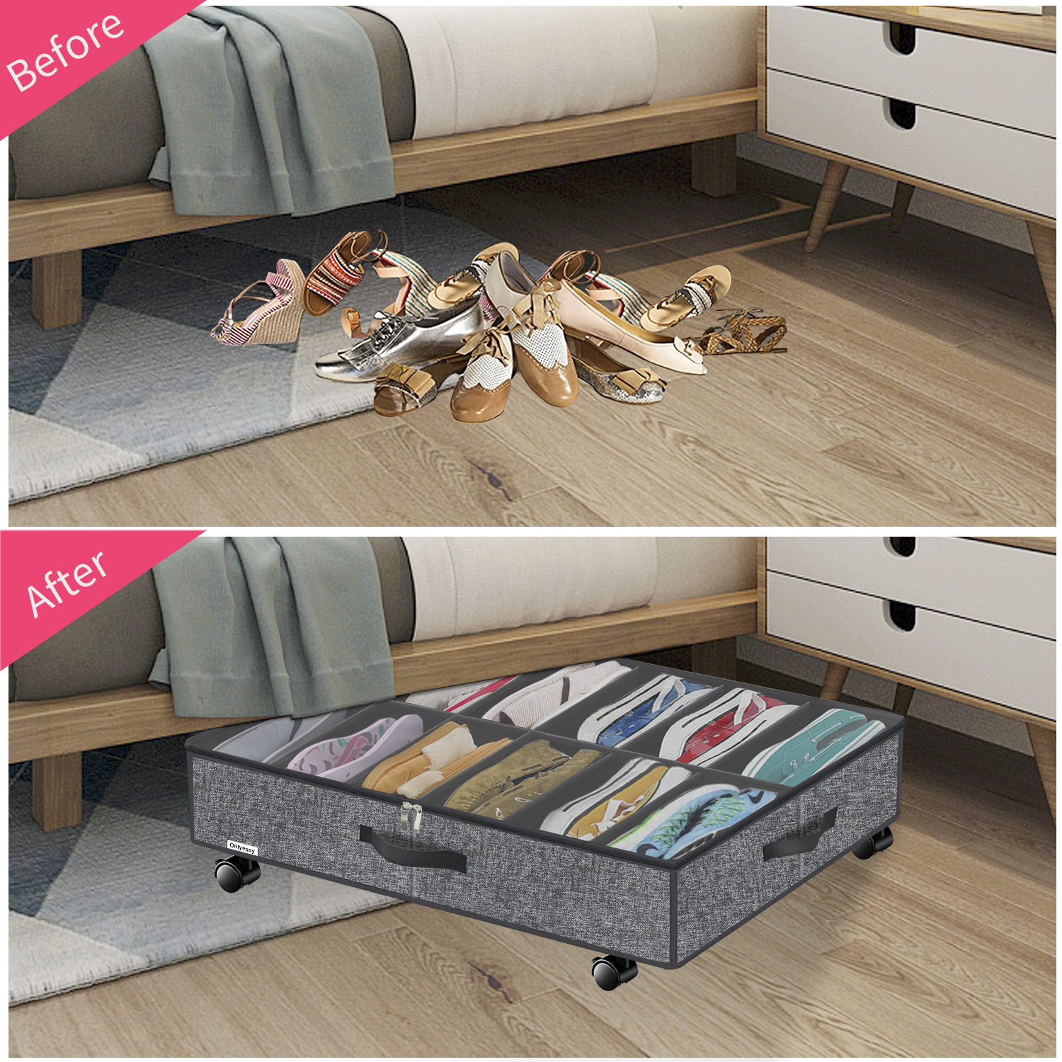 Foldable Under Bed Shoes Storage Drawer Containers with Wheels Shoe Organizer Bins Bags 2 Pack