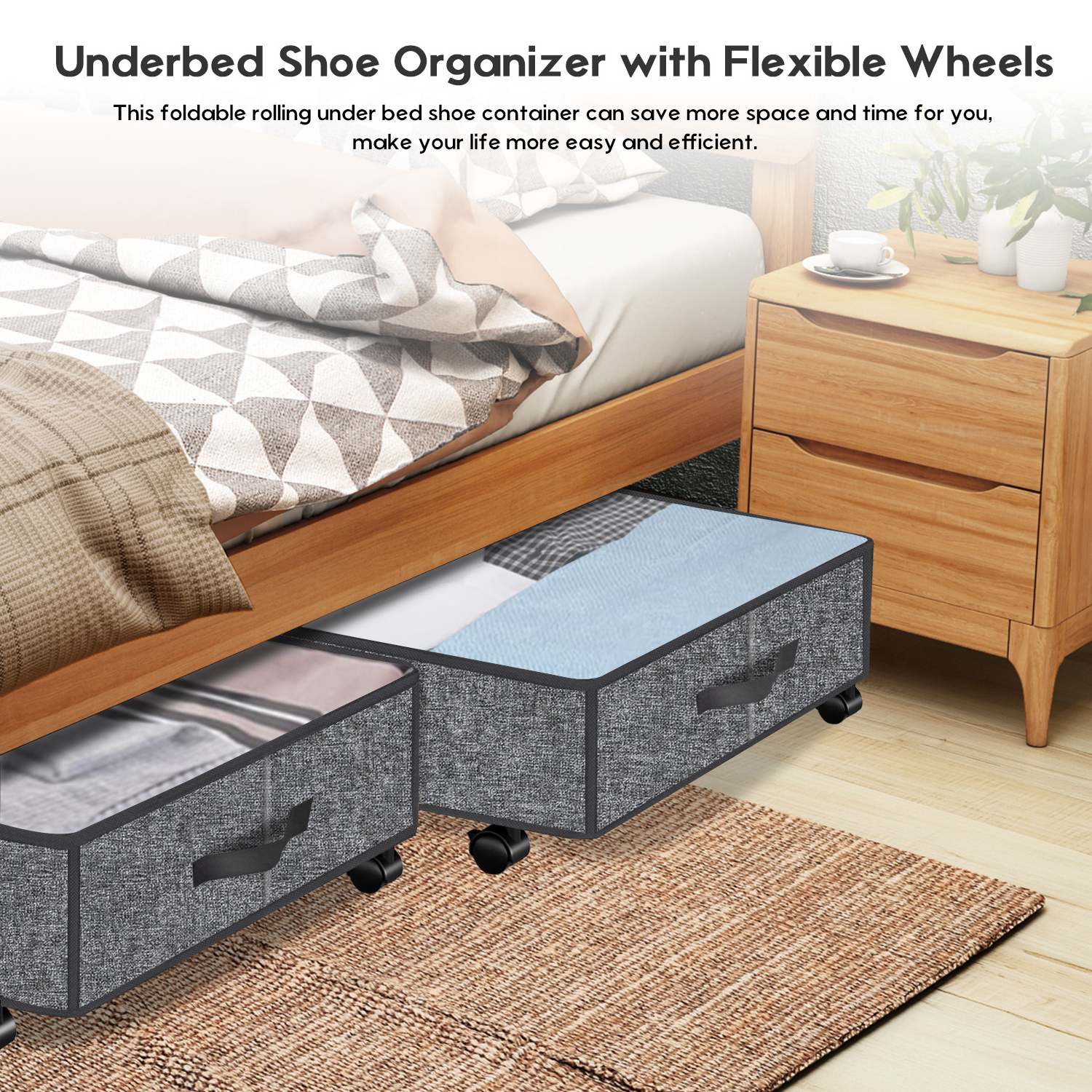 Most popular Foldable Box Container Under Bed Storage with Wheels For Home Travel 2 Pack