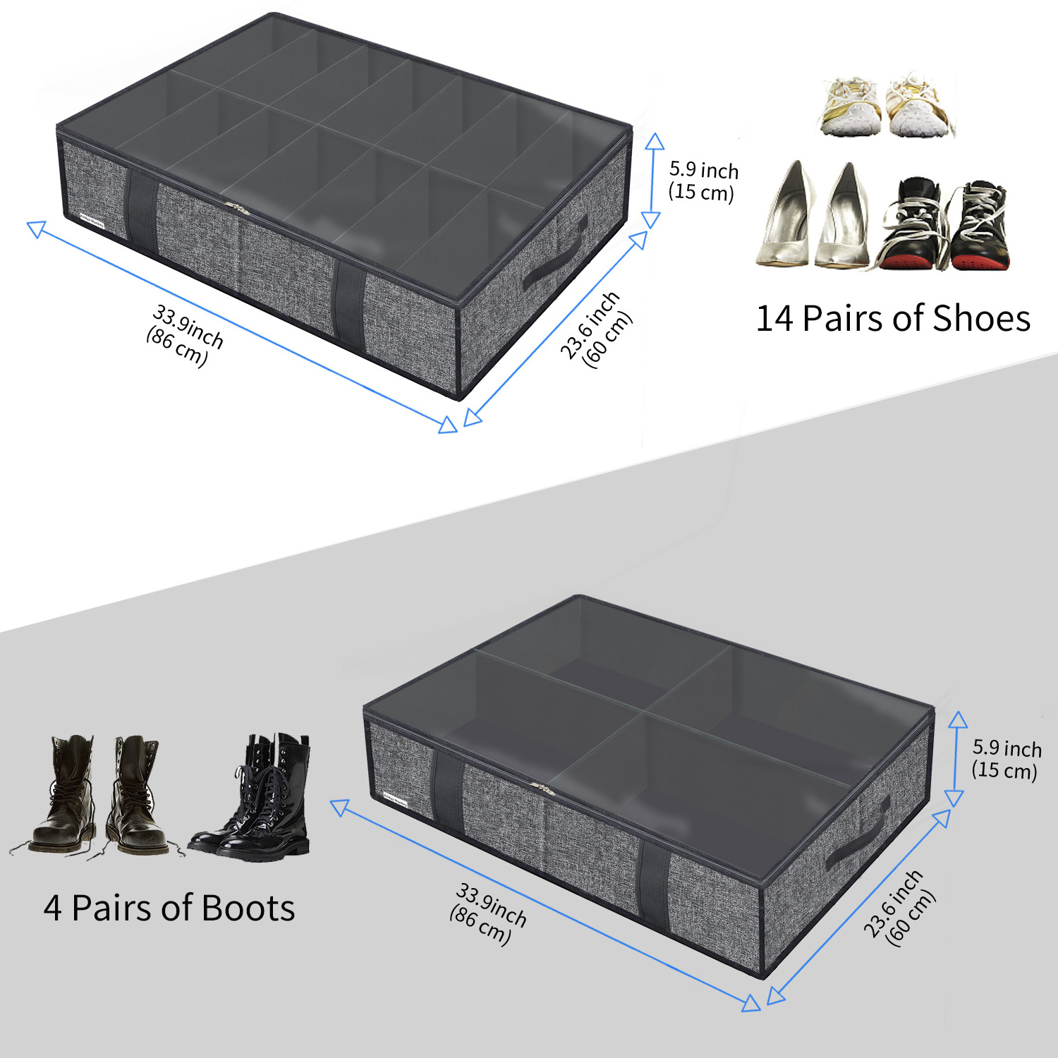 Friday Monkey Breathable Under Bed Shoe Organizer 2 Pack, 1 Boots 1 Shoes (14+4 Cells) Cotton-like Grey, ZMGCUBS14S4