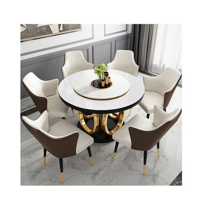 Retractable turntable dining room design modern stainless steel base round marble countertop dining table