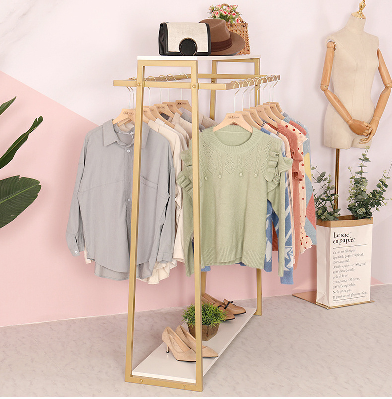 New simple clothing store double row Nakajima display rack clothes display rack gold hanging clothes rack iron floor type