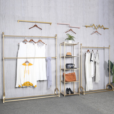 Golden clothing store display rack shelf children's clothing store bridal store double lift floor hanger