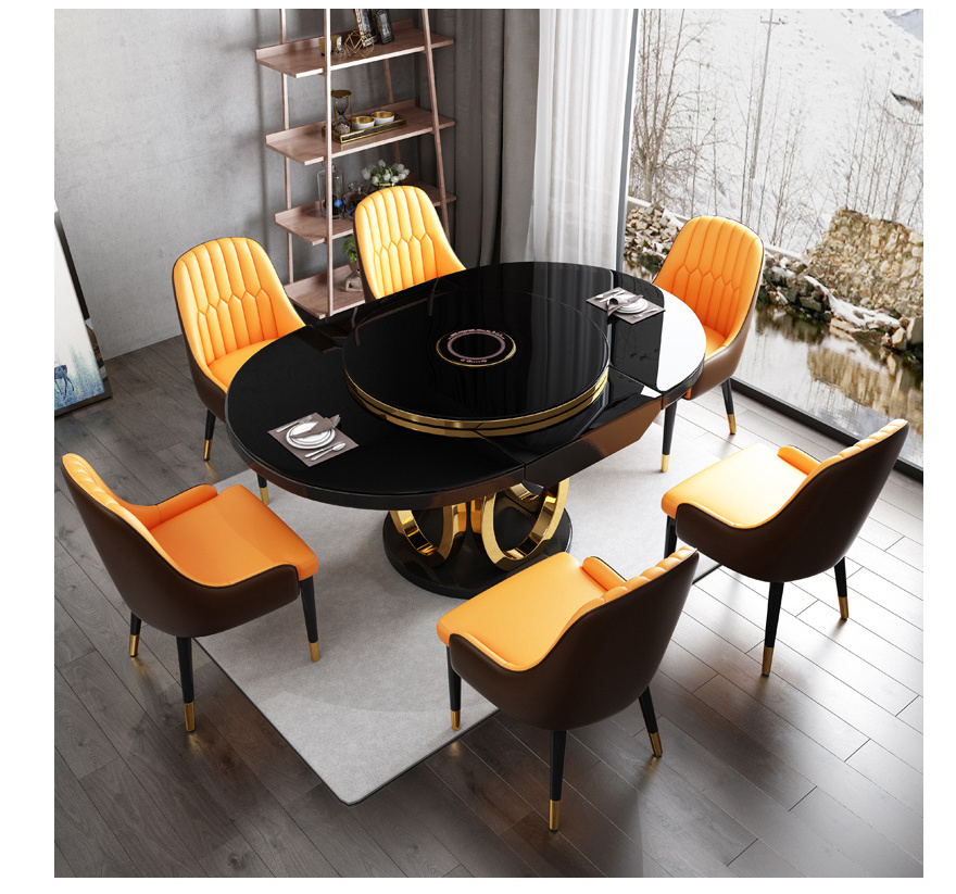 Retractable turntable dining room design modern stainless steel base round marble countertop dining table