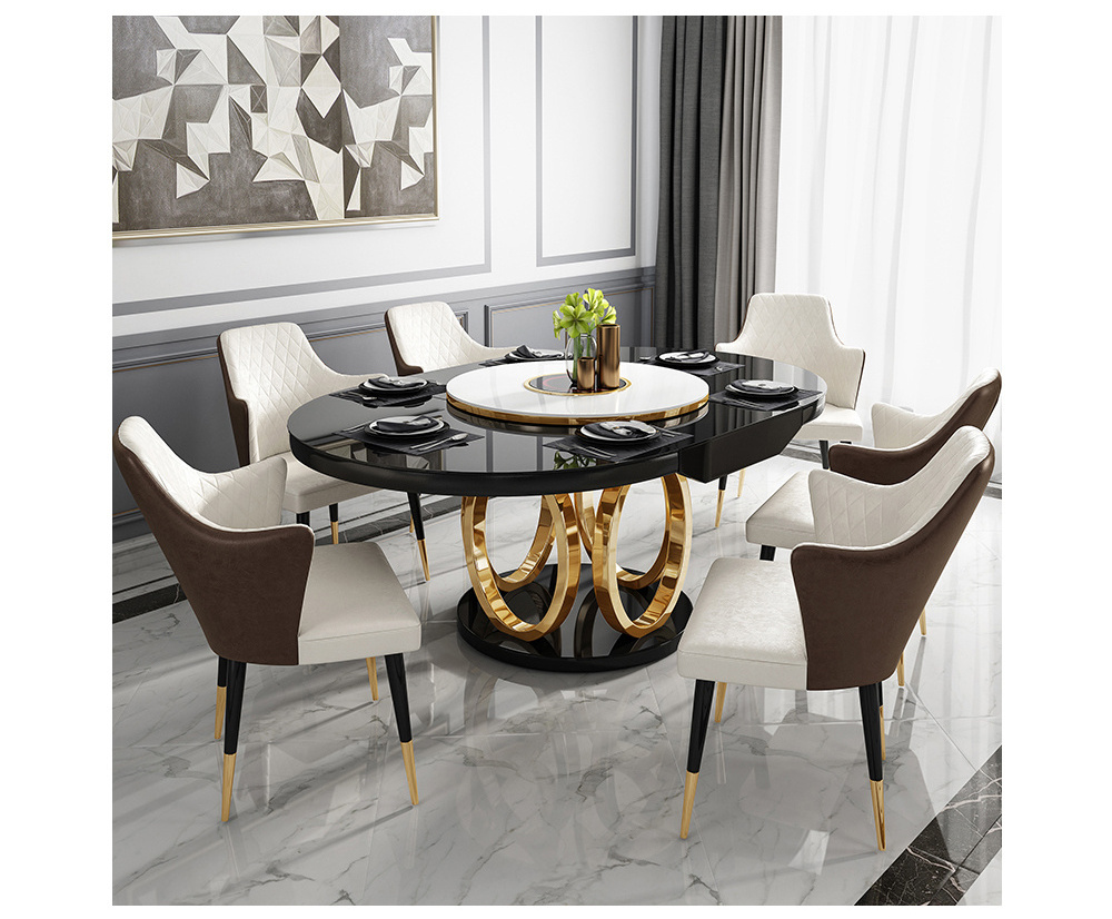 Retractable turntable dining room design modern stainless steel base round marble countertop dining table