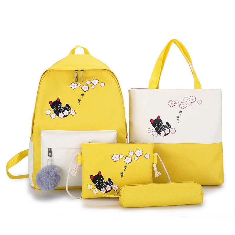 Lovely Cat 4pcs Set School Students Canvas Backpack Bag for Girl