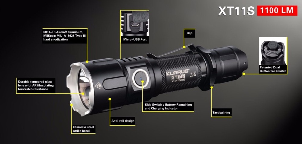 KLARUS XT11S XP-L HI V3 LED 1100 Lumens USB Rechargeable Tactical Flashlight with 2600 mAh 18650 Battery