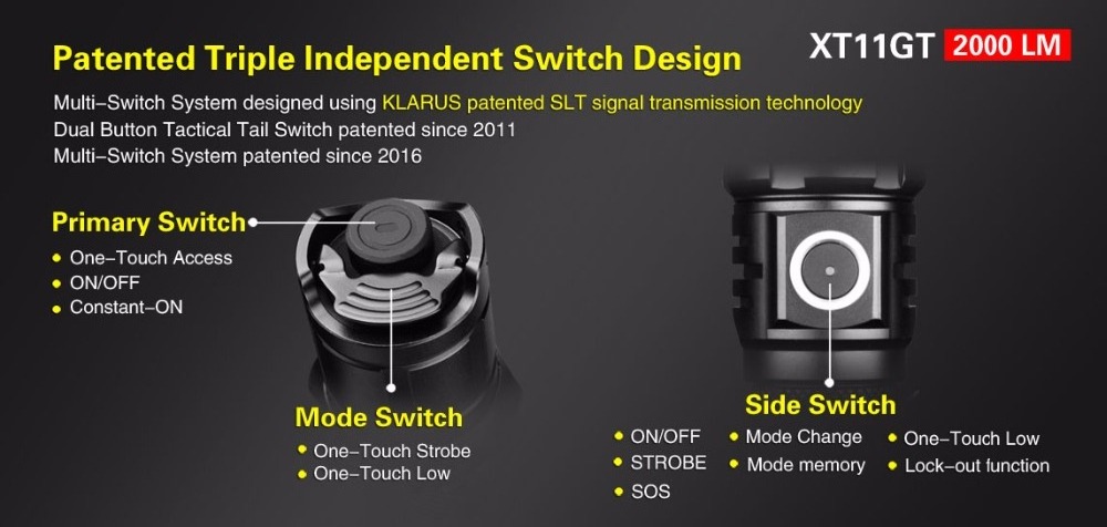 KLARUS XT11GT Rechargeable Tactical Hunting Searching 2600mAh Battery 2000lm Long Range LED Outdoor Flash Light