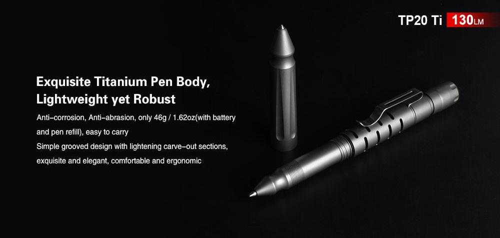 Klarus TP20 Ti Titanium Rechargeable tactical pen light XP-G3 LED for Self-defense writing torch with 10180 Li-ion battery