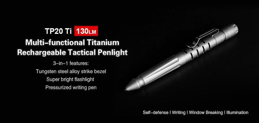 Klarus TP20 Ti Titanium Rechargeable tactical pen light XP-G3 LED for Self-defense writing torch with 10180 Li-ion battery