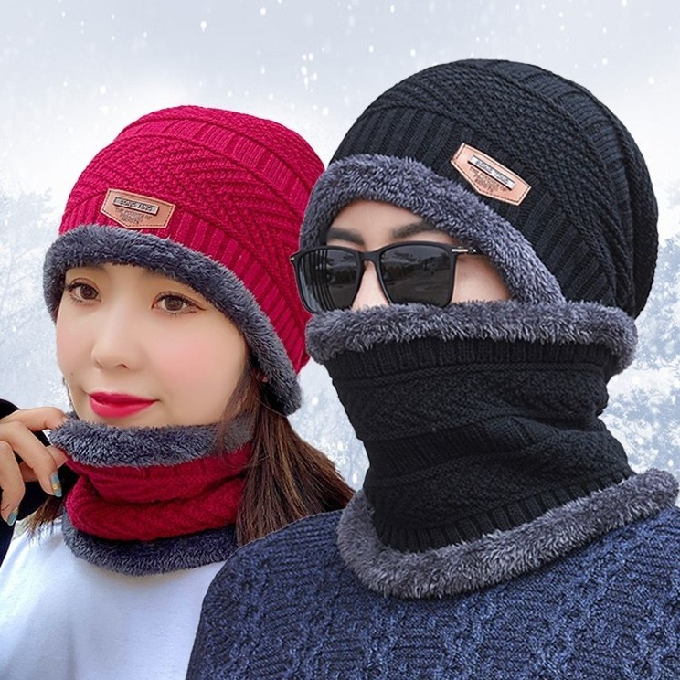 2021 Wholesale Unisex Winter Thick Lining Knitted Slouchy Baggy Beanie Hats and Matching Neck Scarf Set