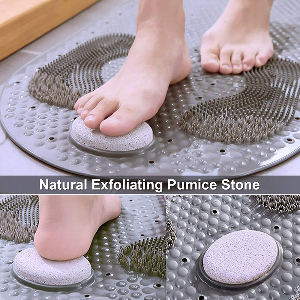 Non Slip  Foot Scrubber Shower Bathroom Mat with Pumice Feet Scrub Stone Bath Bathtub Mat with Antislip Suction Cups Drain Hole