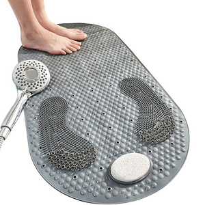 Non Slip  Foot Scrubber Shower Bathroom Mat with Pumice Feet Scrub Stone Bath Bathtub Mat with Antislip Suction Cups Drain Hole