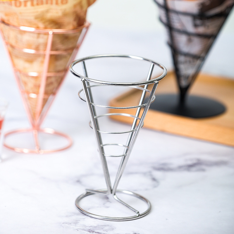 Metal Cone Snack Fried Chicken Display Rack Wire French Fries Stand Cone Basket Fry Holder With Sauce Dippers For Kitchen