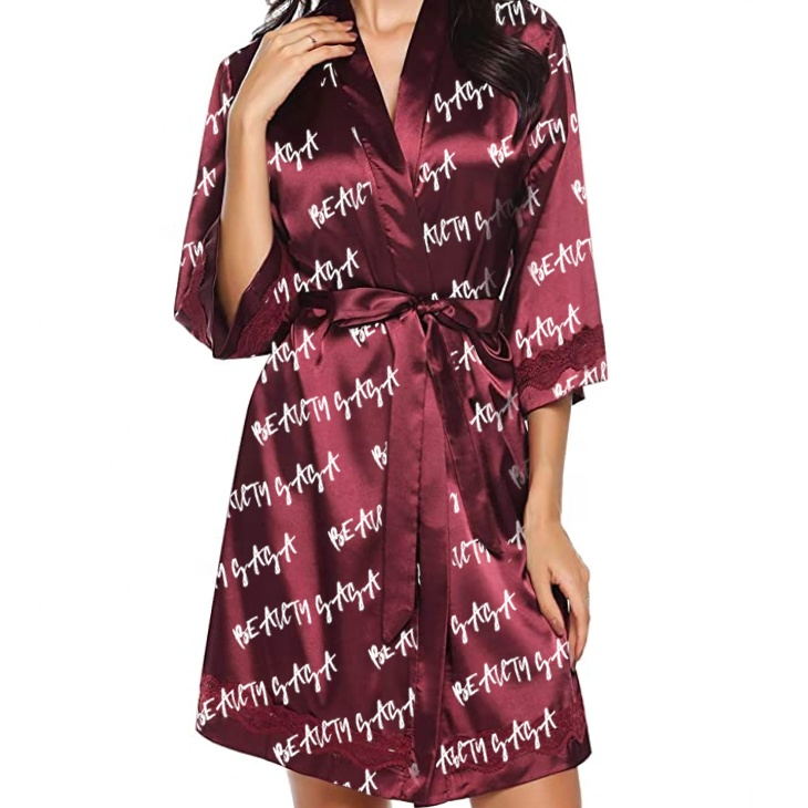 Wholesale Ruffled Robe Solid Pure Color Nightwear Silk Kimono Elegant Short Satin Robes Sexy Femmes Women Nightwear