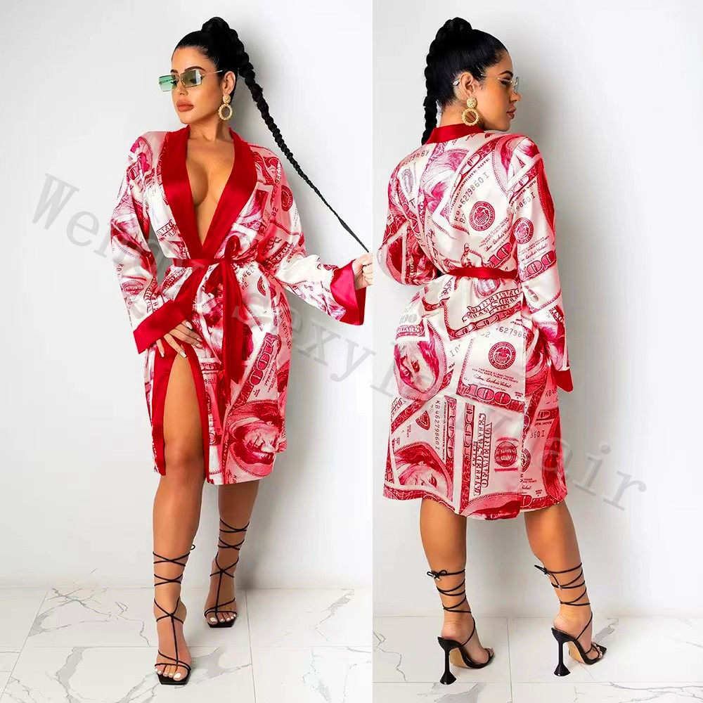 WD1sexy designer robe silk satin money print bath robe pajamas for women money bridesmaid robes