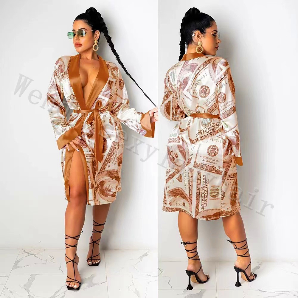 WD1sexy designer robe silk satin money print bath robe pajamas for women money bridesmaid robes