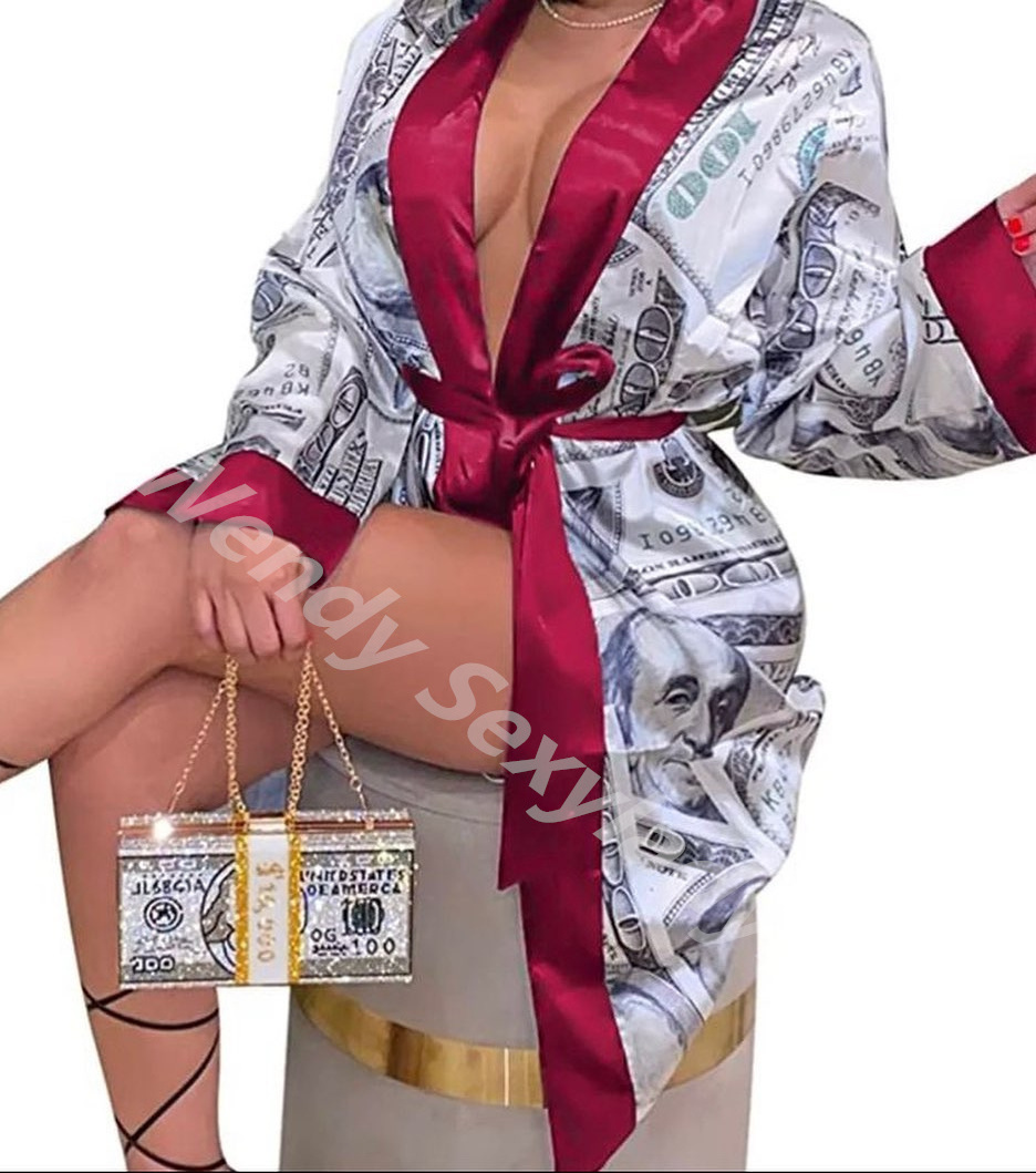 WD1sexy designer robe silk satin money print bath robe pajamas for women money bridesmaid robes