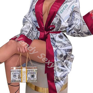 WD1sexy designer robe silk satin money print bath robe pajamas for women money bridesmaid robes