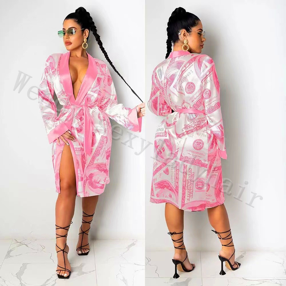 WD1sexy designer robe silk satin money print bath robe pajamas for women money bridesmaid robes