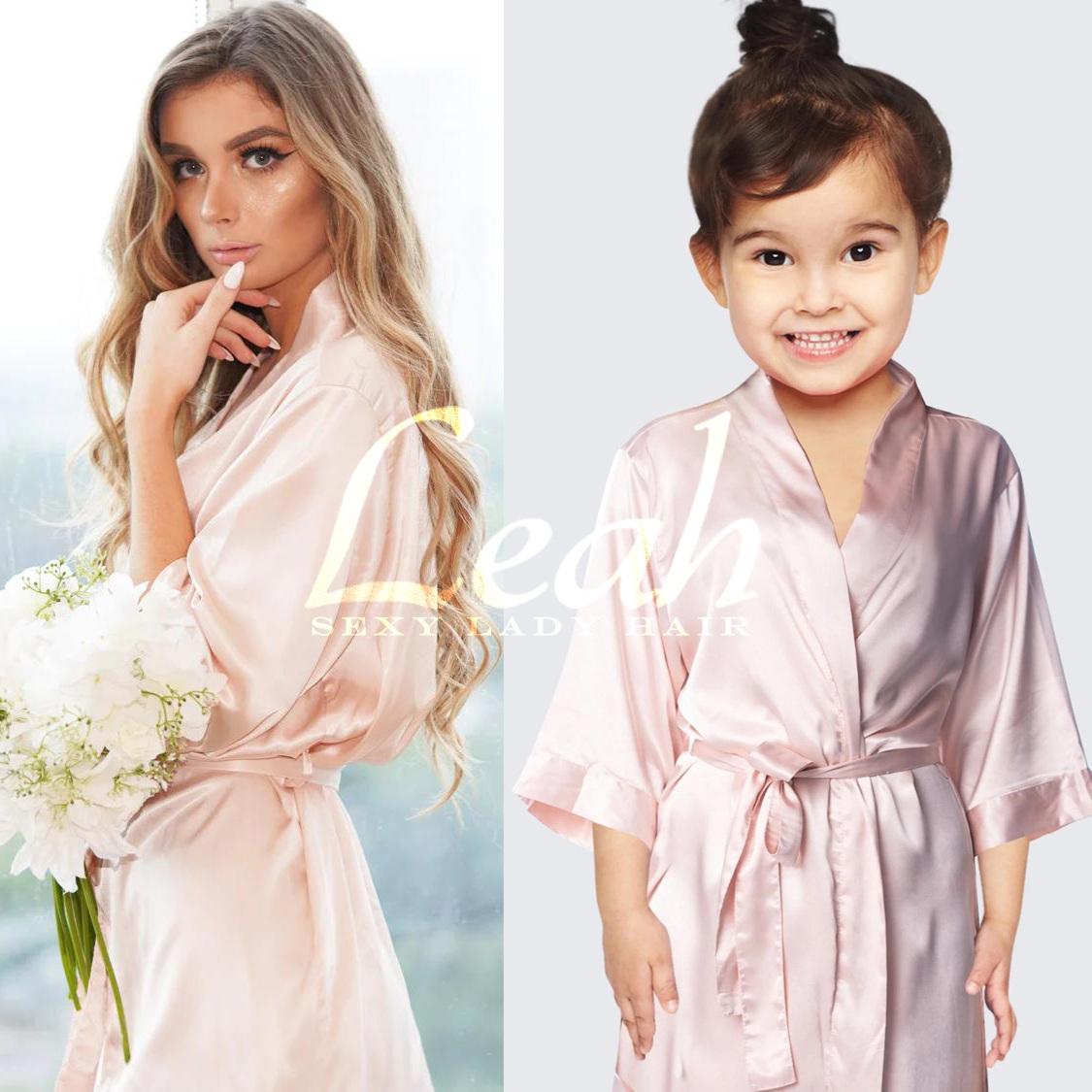 Wholesale Mommy and Kids Luxury Solid Silk Sleepwear Custom Logo Beige Silk Robe Kimono