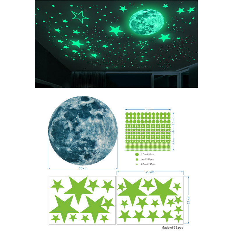 custom promotional gift removable 3d plastic fluorescent glow in the dark luminous moon stars decal stickers for kids room decor