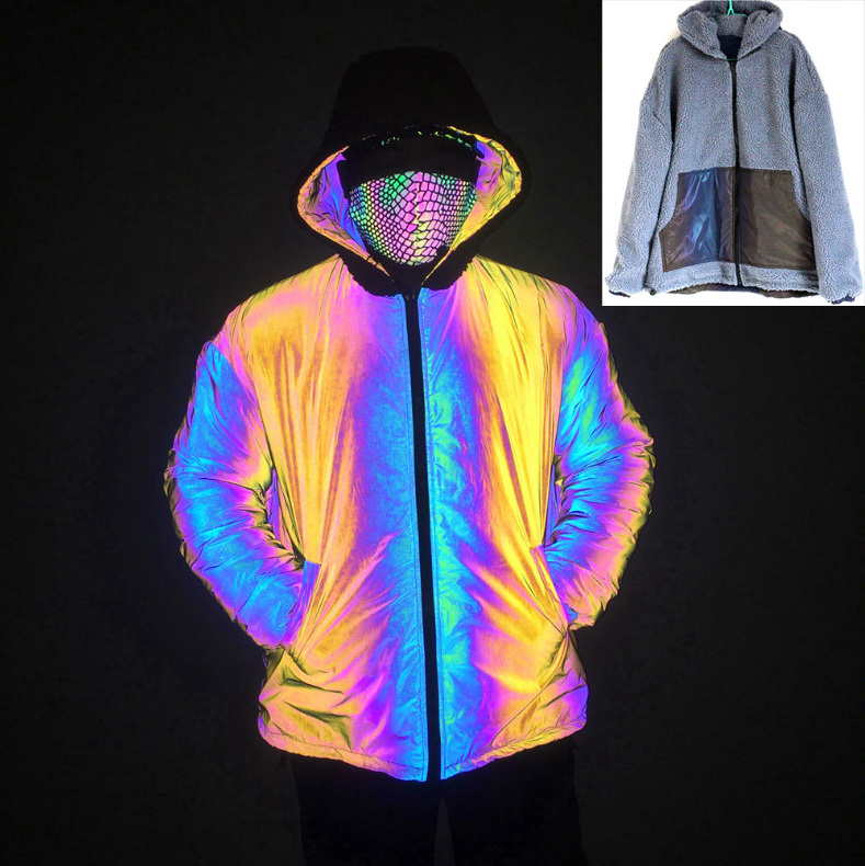 winter new khaki gray double face lambswool down rainbow iridescent reflective jacket man's plus size overcoat coat with hood