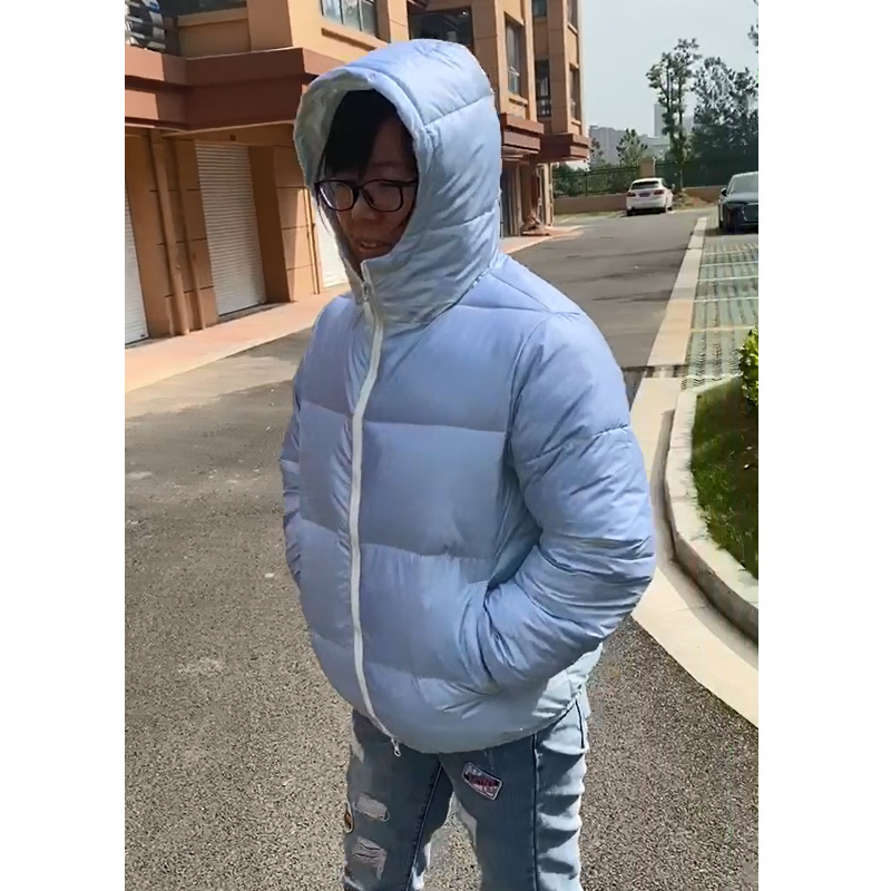 OEM logo trendy light white color changing into pink long puffer bubble coat pullover hoodie jacket for men fashion street wear